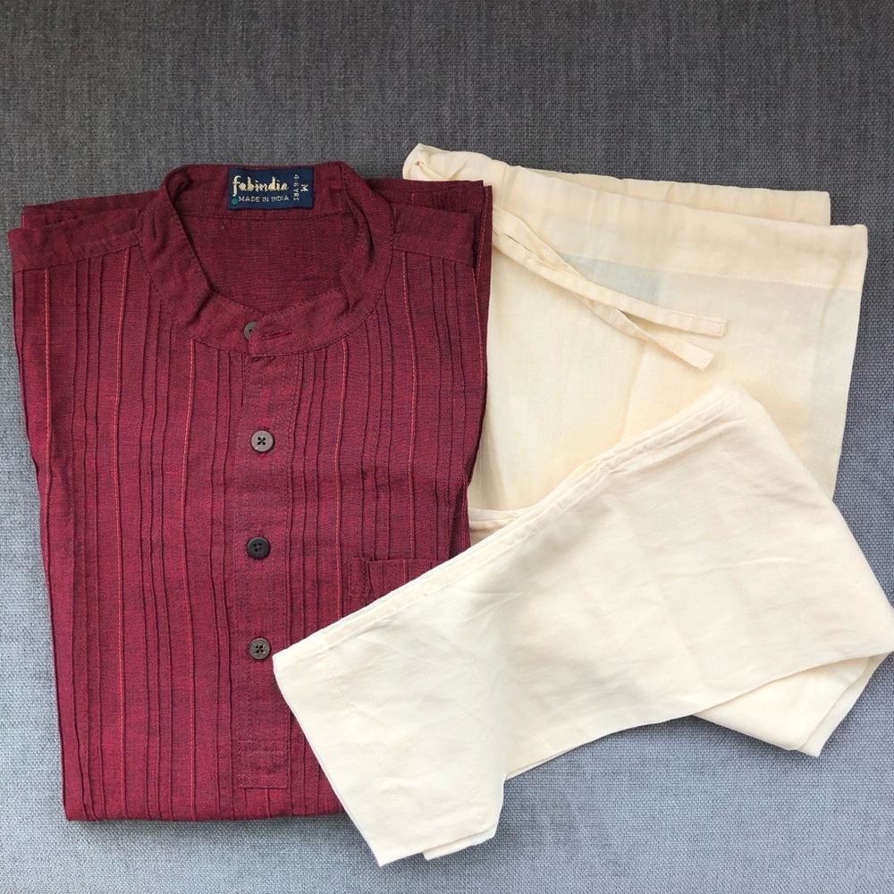 Boys Red Kurta with Cream Drawstring Pajama Bottoms Size M (4-6Y) Made in India